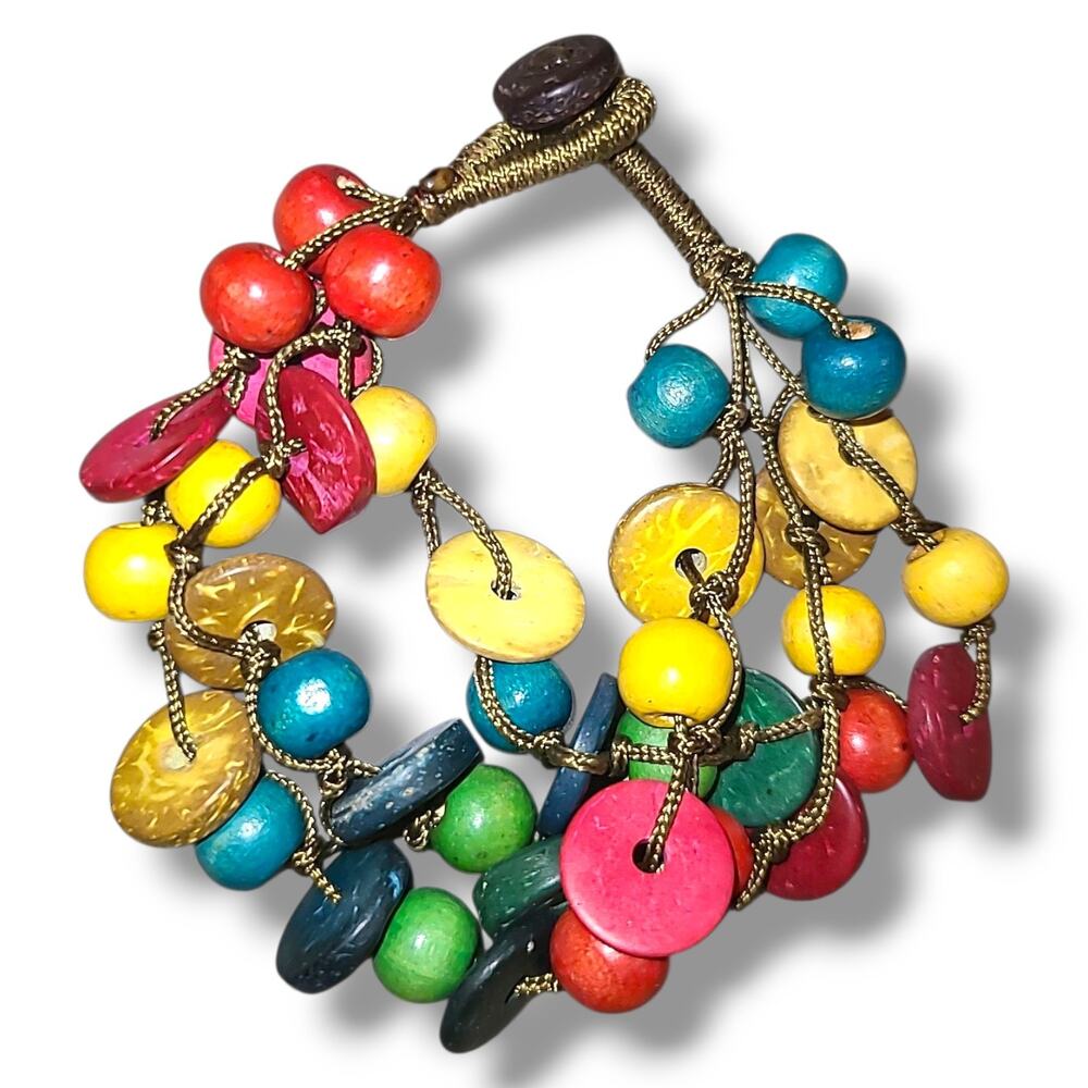 Vintage Colorful Wood‎ & Coconut Shell Bead Bracelet 8"